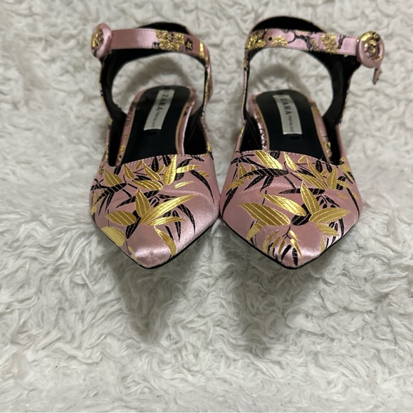💥SOLD $38💥 Zara Pink Asian Print Floral Kitten Block Heels Pointy-Toe Pumps 40 - Picture 5 of 14